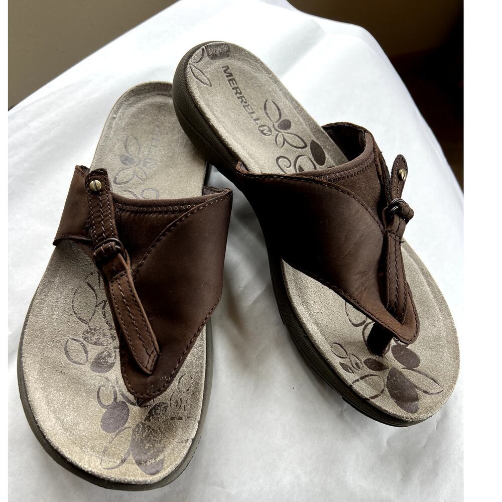 Merrell Bracken Brown Leather Flip Flop Sandals, Women's Size 8